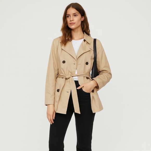Zara Tan Double Breasted Belted Short Trench Coat Size XS - Picture 1 of 7